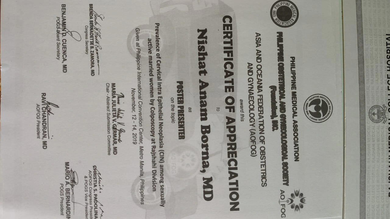 Certificate of Appreciation as Poster Presenter, AOFOG, Metro Manila, নভেম্বর ২০১৯