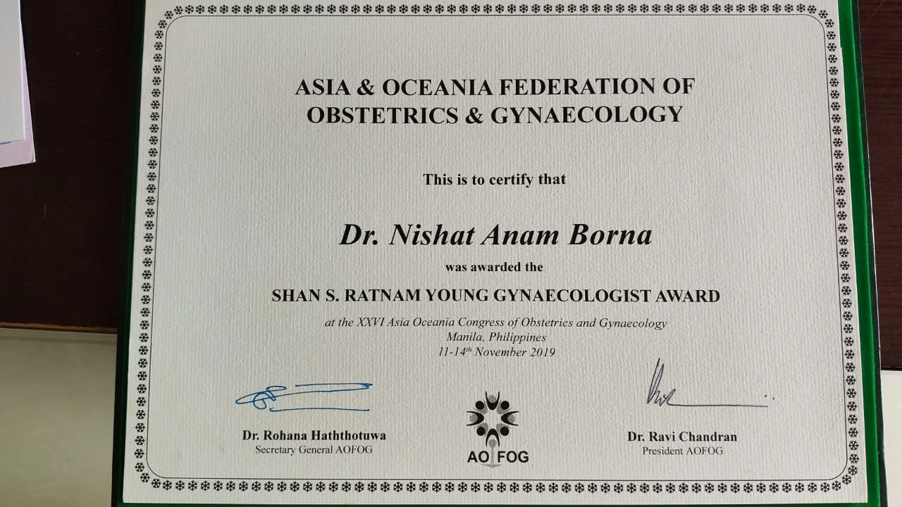 Shan S. Ratnam Young Gynaecologist Award — ডাঃ নিশাত আনাম বর্ণা, AOFOG, ম্যানিলা, নভেম্বর ২০১৯